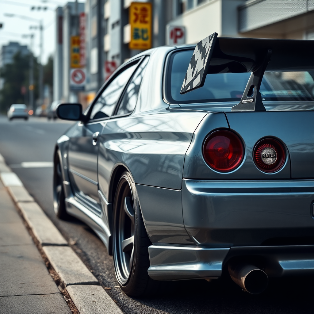 The car is parked on the side of the road, inspired by Taiyō Matsumoto, tumblr, restomod, nd4, c4 metallic shine gray black nissan skyline r34 tokyo arkaplan hatasız tam eksiksiz ayrıntılı genel gerçek detaylar en iyi fotoğraf poz sinematik hafif yağış su damlalar yansıma ıslak yol need for speed tarzı body kit