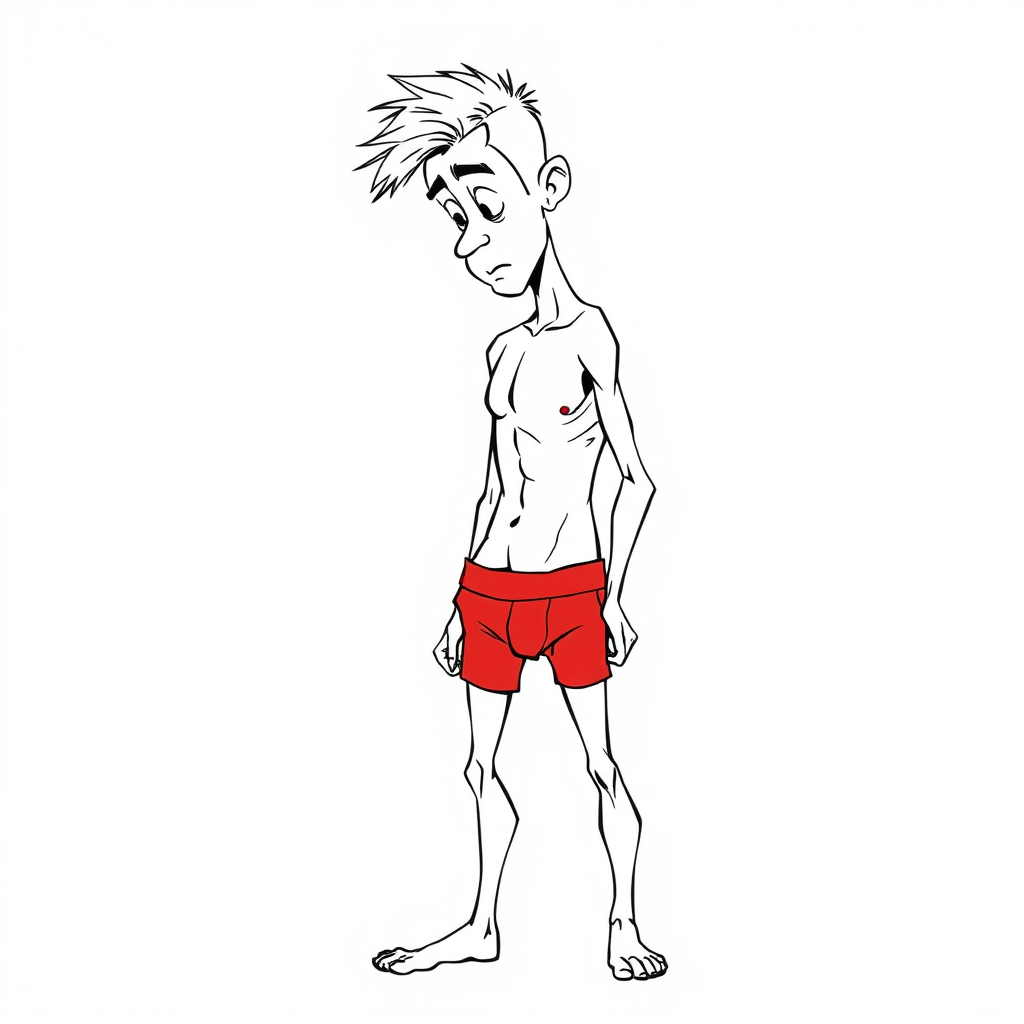 shy nervous small 20 year old european skinny man, amazed, bare chest, red tight men's brief, tense fabric, looking down at his feet, side view, 2D, caricature, cartoon, Sketch lines, coloring book, coloring book