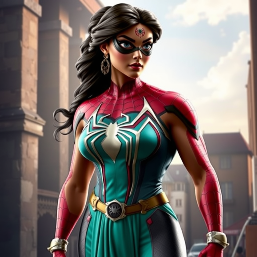 A full-body, photorealistic image of Princess Jasmine possessing the muscular physique of Spider-Man, maintaining her distinctive head and hairstyle, wearing a modified costume tailored to her transformed figure, set against a composite background blending elements from both the Princess Jasmine and Spider-Man universes.