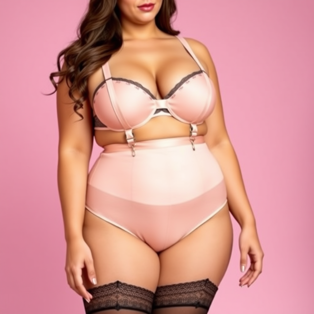 A lingerie advert featuring a plus size model about UK size 16. The model should be shown full height. She is wearing a matching set of lingerie including bra, briefs, stockings and suspender belt. She is not wearing a corset or waspie. The image should be on a simple brightly coloured backdrop. There must be no text in the image.