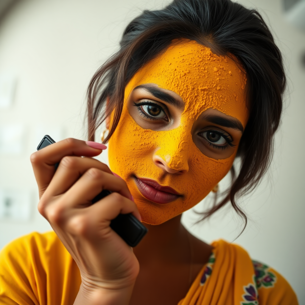 wide angle image of a slim, curvy, 30 year old indian maid with hair covering bun, her face is covered with turmeric mask. she is stealing money from wallet.