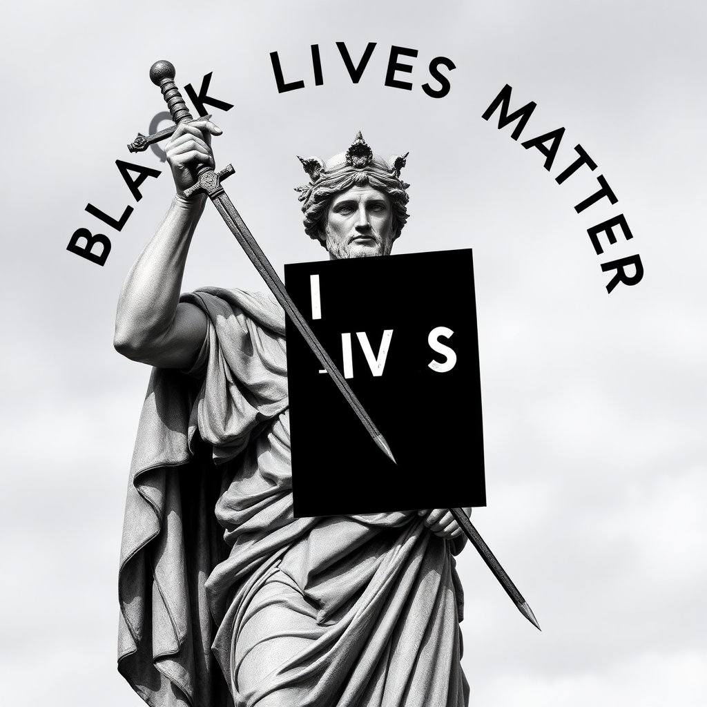 Black Lives Matter (BLM) is a decentralized political and social movement  
Art. Roman statue with a sword posing and 'Veni Vidi Vici' around it