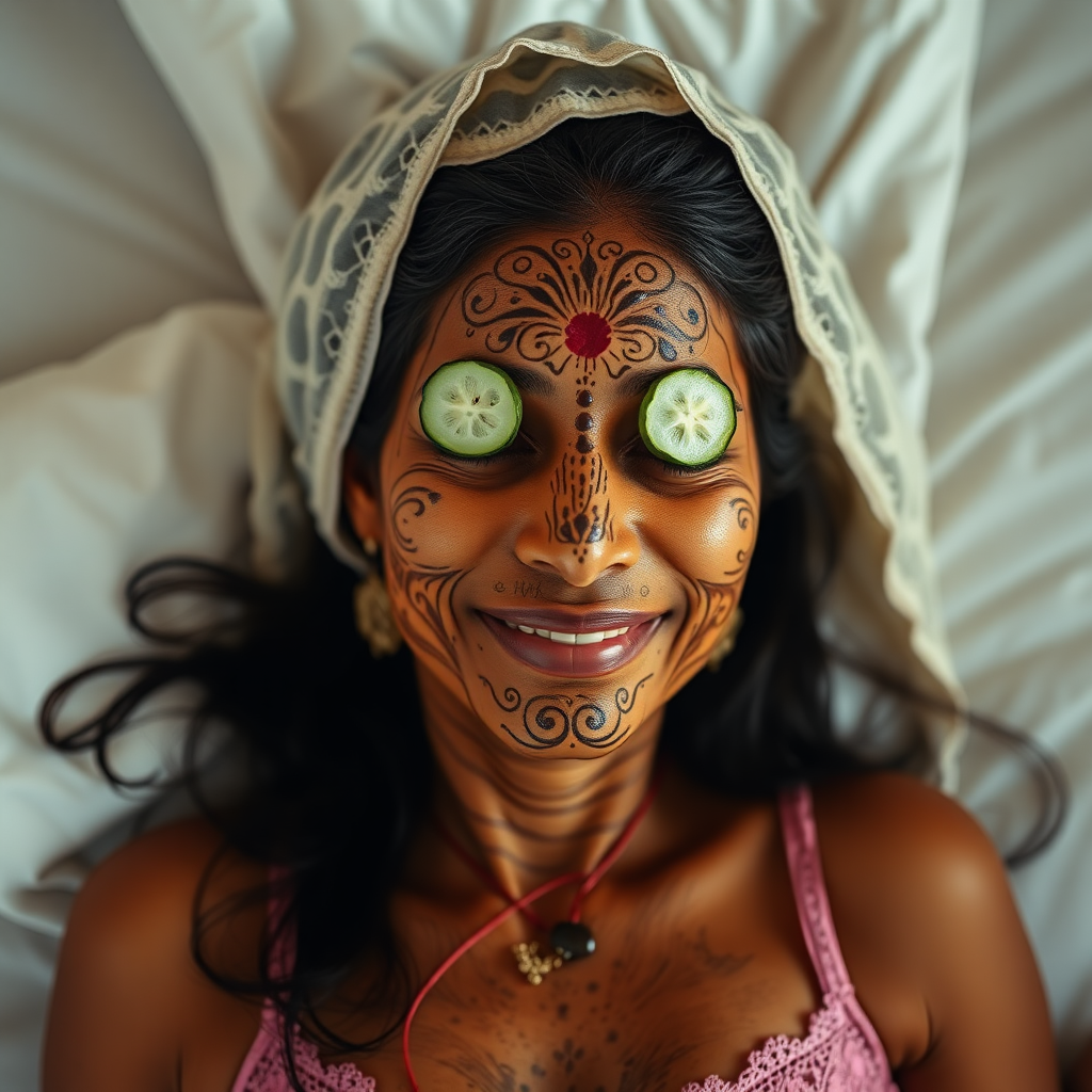 A skinny, traditional, 30-year-old Indian wife with hair covering, wearing a bra, lying on a bed. Her face is covered with a henna face mask, and her eyes are covered with cucumber slices. She looks satisfied from her facial expression.