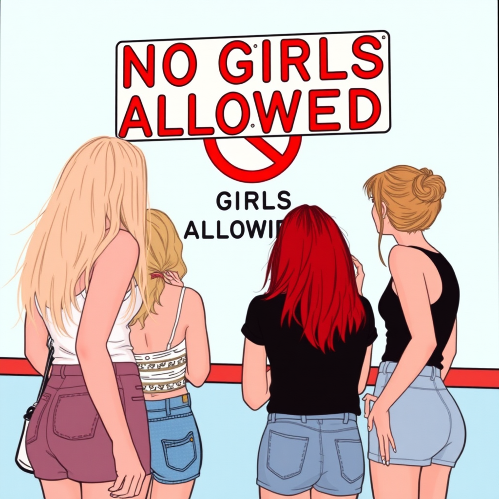 girls aloud looking at a sign saying "no girls allowed"