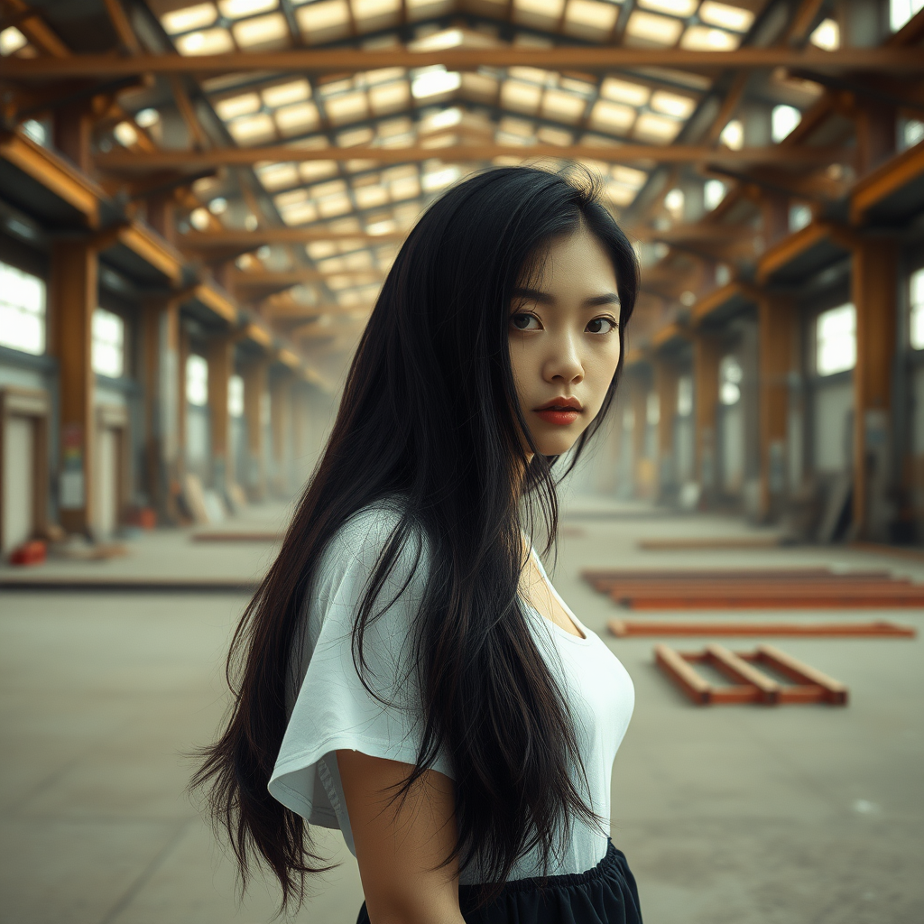 A young mysterious Asian woman with long, jet-black hair in a surreal, lonely and deserted factory area