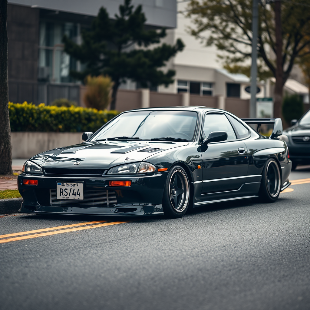 nissan silvia s14 the car is parked on the side of the road, inspired by Taiyō Matsumoto, tumblr, restomod, nd4, c4