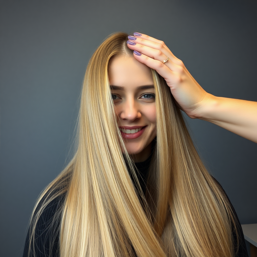 POV, beautiful very long haired blonde woman sitting in a hair salon smiling at the camera while I reach out from behind the camera to massage her scalp. My fingers are digging into her hair rubbing her scalp while her hair is covering my hands. Plain gray background.