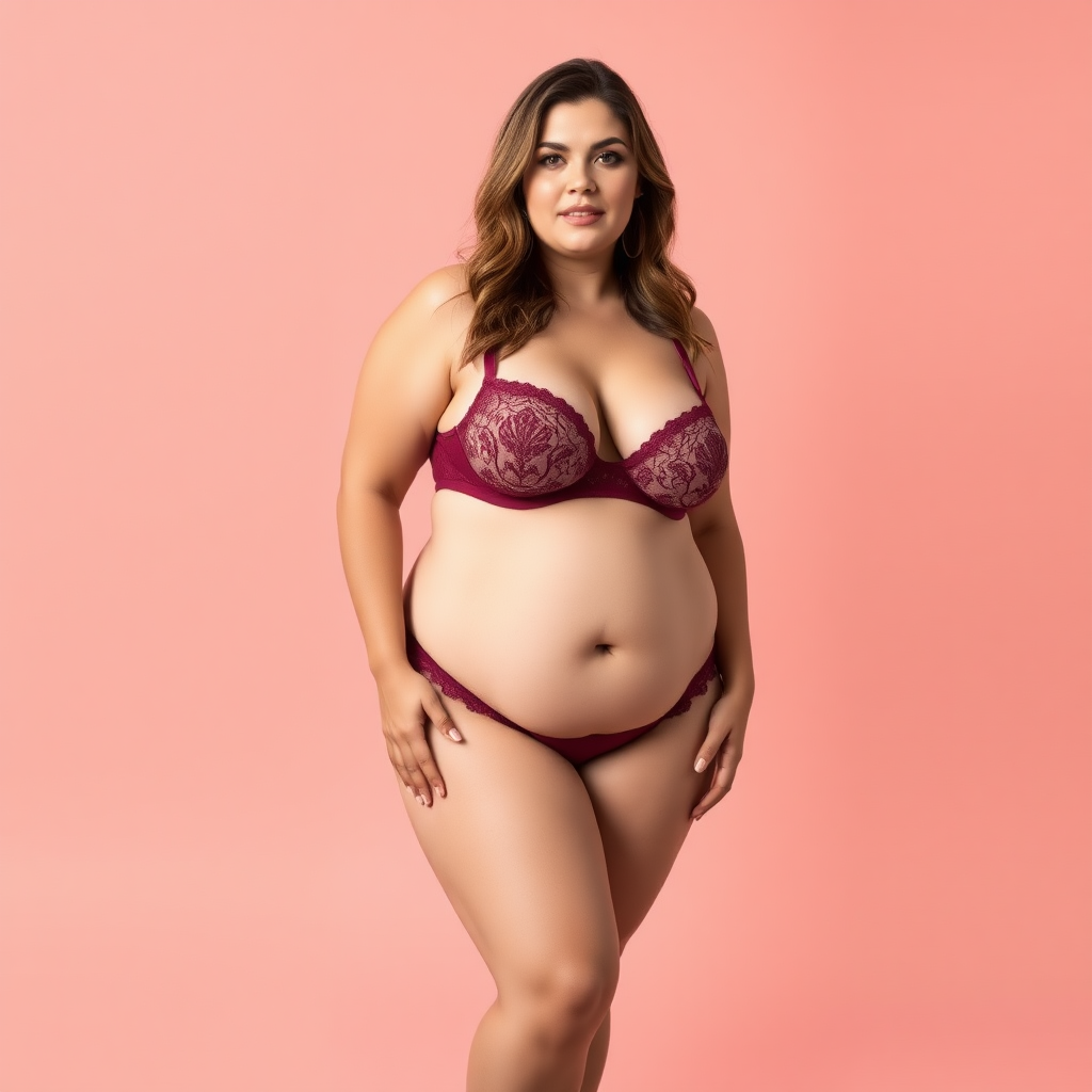 A lingerie advert featuring a plus size model about UK size 18. The model should be shown full height. The image should be on a simple brightly coloured backdrop. There must be no text in the image.