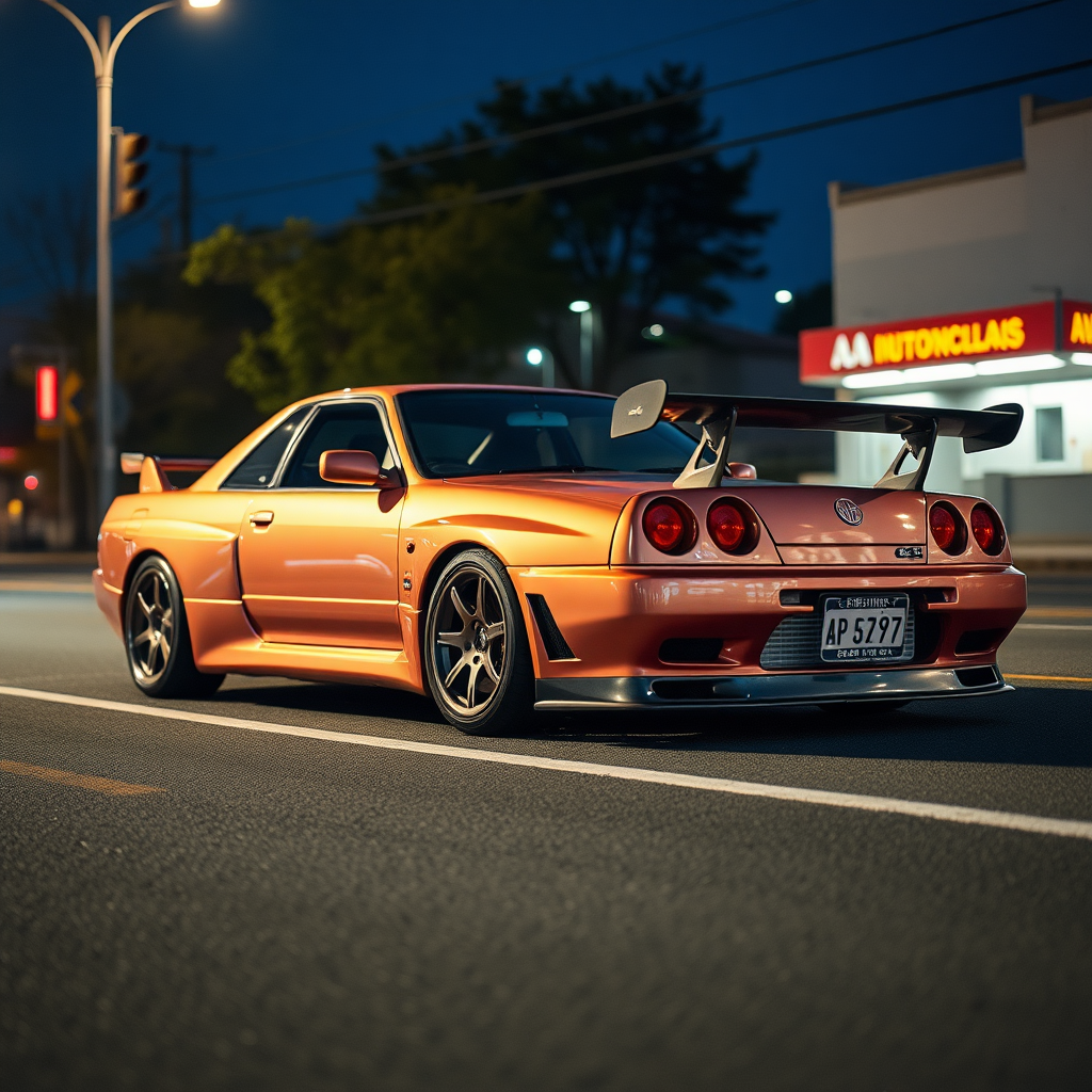 the car is parked on the side of the road, inspired by Taiyō Matsumoto, tumblr, restomod, nd4, c4 metallic shine nissan skyline r34