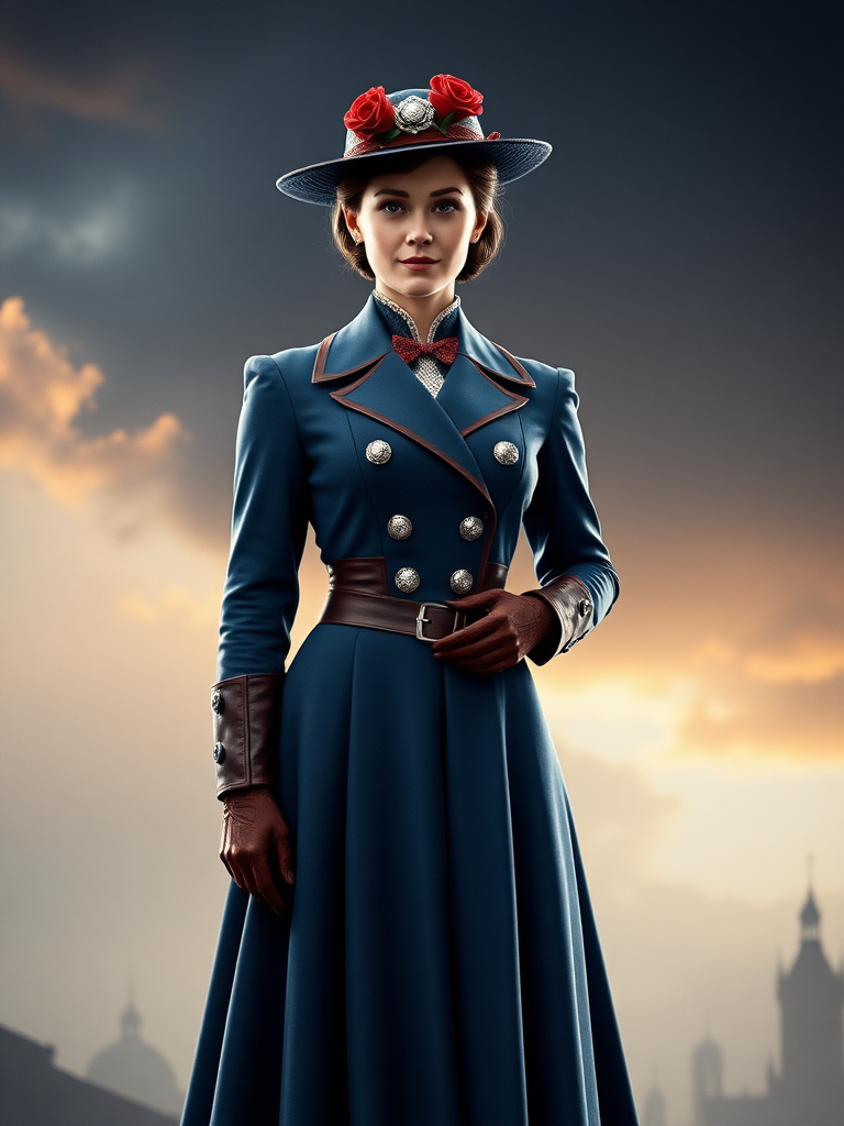 Create a full-length rendered image of Mary Poppins, using Steve Rogers' male figure for the body. Retain Mary Poppins' head, hairstyle, and facial features. Incorporate her iconic costume while adding embellishments inspired by Captain America's uniform. Adjust the costume to fit Steve Rogers' proportions. Design a background that harmoniously combines elements from both characters, emphasizing their unique worlds and styles. Ensure the image captures the whimsical charm of Mary Poppins alongside the heroic essence of Steve Rogers, merging their characteristics into a cohesive and striking new portrayal.