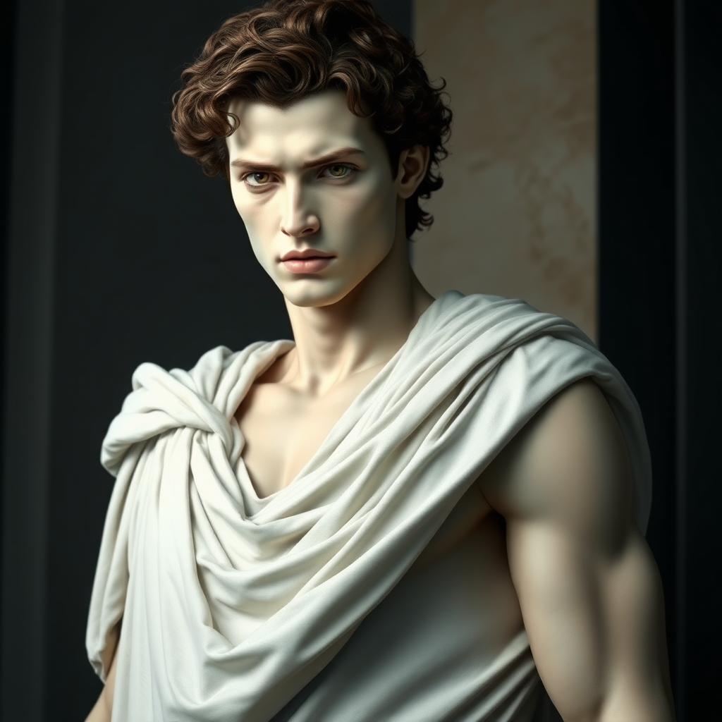 In the world of Vampire the Dark Ages, a man with very pale skin, extremely handsome, dressed in a long white tunic. He must resemble a Greek from Antiquity (in the style of Michelangelo's David), his hair is brown and curly, high definition, photorealistic, 16K.