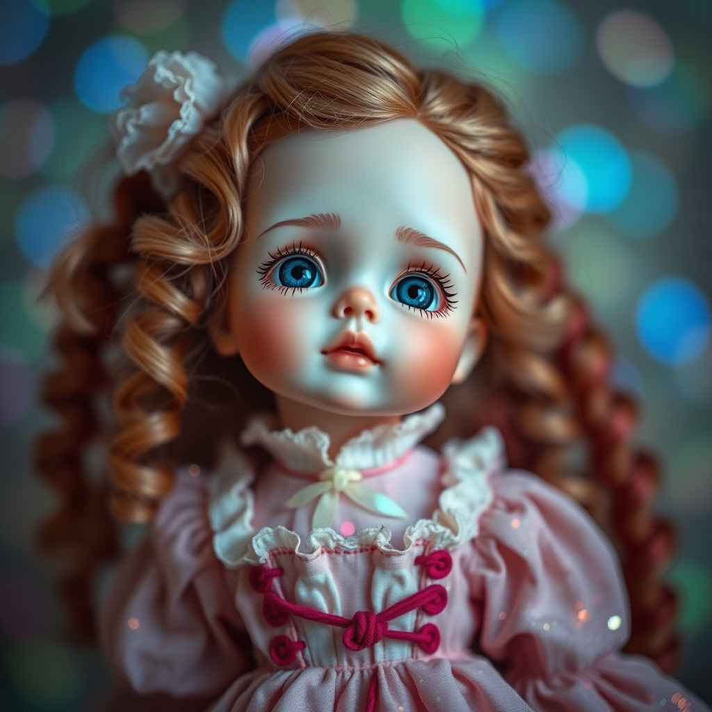 preteen artists doll, full body, bisque porcelain doll, genuine collectors doll, looking up dreaming, Bokeh, abstract, brilliant colors, glittering, translucent, mother of pearl, opal, iridescent, natural skin, glowing, artistic photo, wide angle, cute, interesting, Victorian dress, wild child