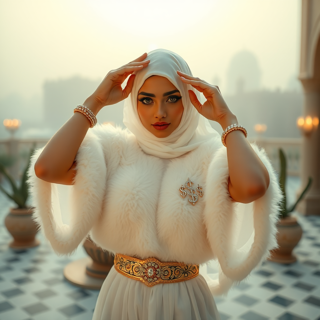 Kuwait desert palace harem patio misty dawn: Melissa, European 17 years old very convincing femboy “trophy-bimbo”, tamed servile docile, very beautiful feminine flawless face, rather short, by hormones very curvaceous womanly figured, heavily made-up eyes, wearing Supertanya-style fluffy very fuzzy bright white angora turtleneck-poncho cropped ending under bust decorated with pearls and gemstones, striking oriental wide gold bridal protection belt, white fully transparent harem pants, full Oriental bridal jewelry, face covered by white sheer full Burka, coin anklets, striking diamond “$$$” letter brooch on left chest, pout frustrated, seductively dancing hands over her head, looking at camera. Focus on face and turtleneck-poncho.