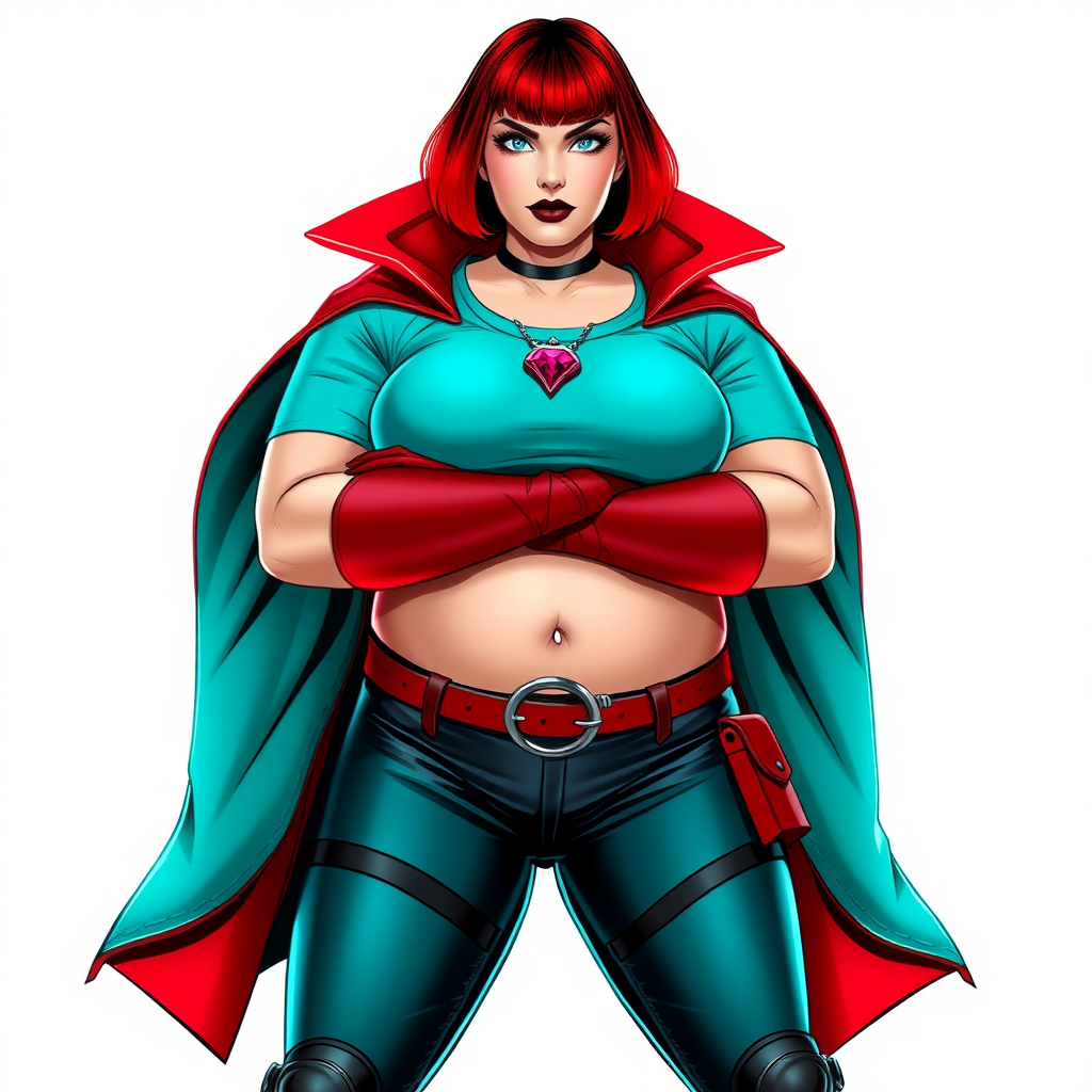 A 26-year-old, full-figured, mystical vigilante detective becomes the heavily pampered mystical ally of her cyberpunk vigilante older brother figure. She has a bright red bob cut, black lipstick, and piercing bright blue eyes. She has a new non-athletic build, now highlighted by a prominent, round, gargantuan midsection (fully focused on her gargantuan belly), which shows the aftermath of her new pampered lifestyle. Despite her pampered physique, she shows full confidence. She wears a biker suit consisting of an enormous, magical, tight-fitting, maximum turquoise t-shirt (accentuating and emphasizing her gargantuan belly) maximum turquoise biker pants, complemented by a glowing neon red cape, a mystical ruby amulet (which is the source of her mystical powers), and magical red gloves glowing neon red. Her stance is firm and resolute, arms crossed, exuding a no-nonsense attitude. Her costume reflects the influence of DC New 52 Prime Earth’s Phantom Lady, Jennifer Knight, while her pose embodies the moral ambiguity and determination reminiscent of DC’s Pax Americana’s The Question. She is on a solid white background. She is drawn as if she was in a retro 2D cyberpunk fighting game. She is clearly non-athletic, with a focus on her full-figured physique (especially her gargantuan belly). Make sure that her t-shirt covers all of her bare skin (especially her gargantuan midsection).