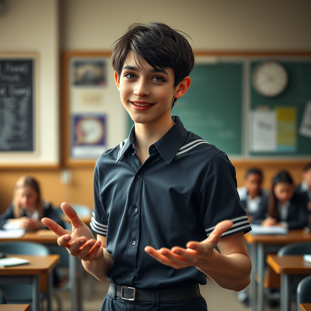 photorealistic, ultra high resolution, 16K, surreal fantasy, soft studio lighting, a pretty 17 year old goth male, slim male physique, short dark hair, blue eyes, goth makeup, earrings, sheer pantyhose, UK girls-school uniform, Mary-Jane shoes, standing in the classroom delivering a talk, excited smile, facing the camera.