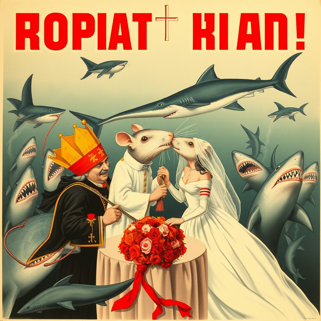 A rat wedding being attacked by sharks, Catholic, Soviet propaganda poster