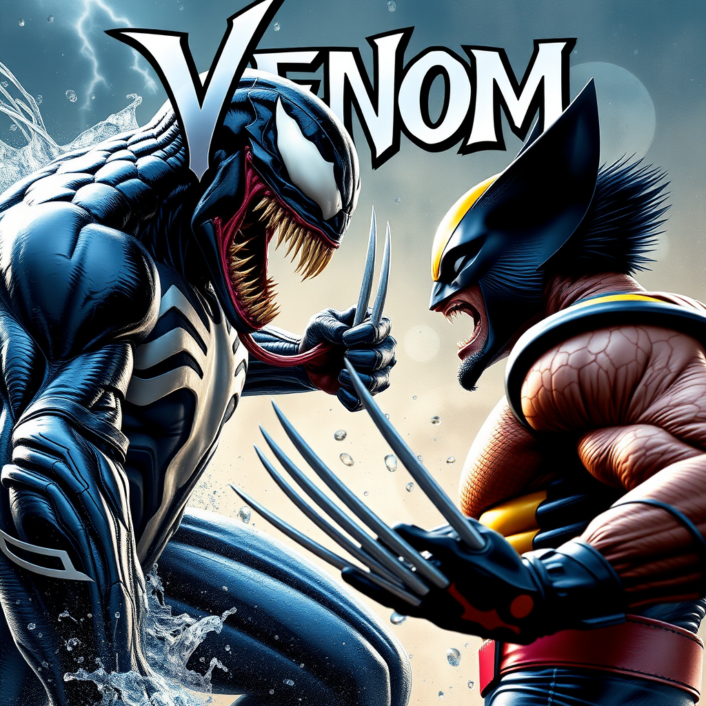 On a comic book cover is Venom Vs Wolverine in Cinematic Real3d photo-realistic quality.