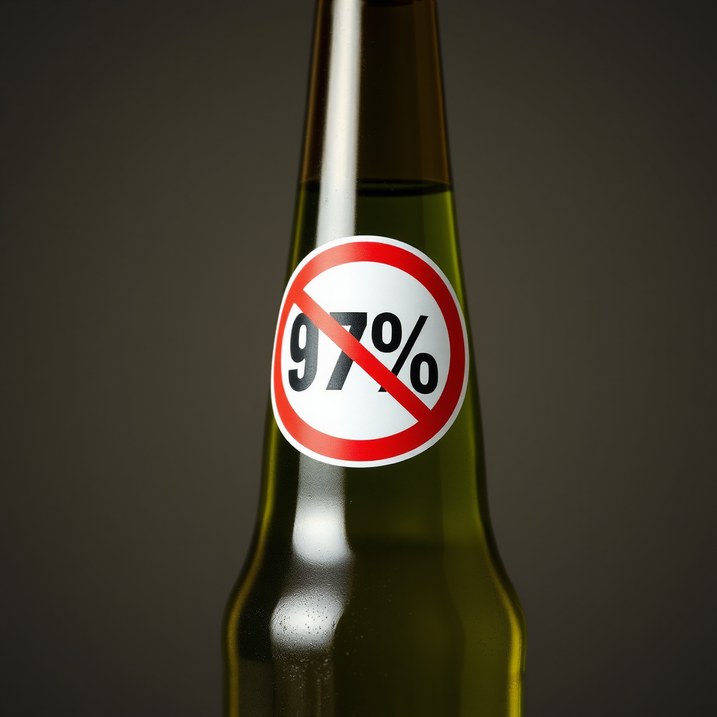 A photo of a beer bottle with a sticker of percent symbol crossed in a red circle, photorealistic