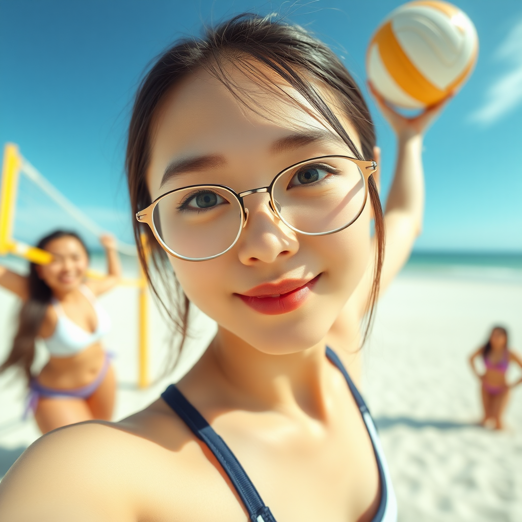 five Asian girl with gorgeous face, wearing glasses, in beach playing volleyball, white skin, tall, selfie, straight hair