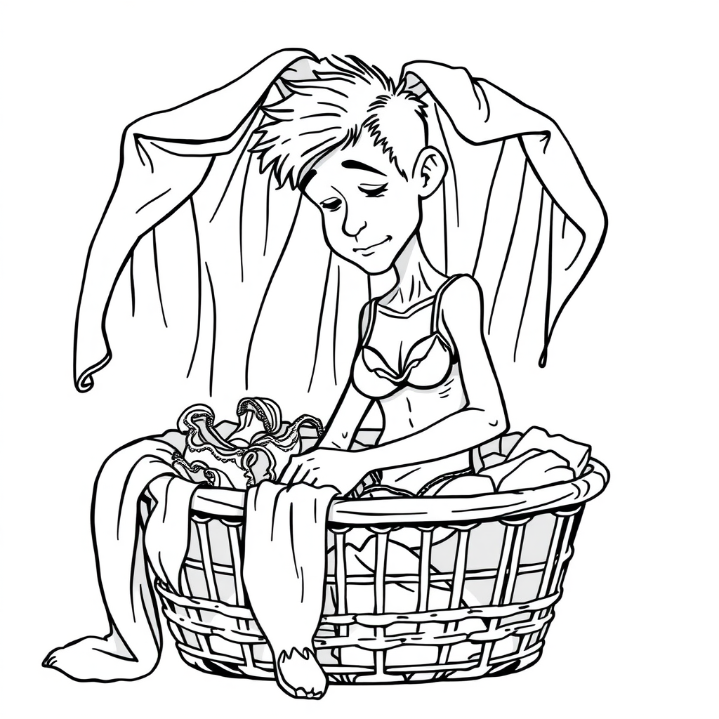 20 year old european skinny boy is rummaging through a dirty laundry basket full of lingerie, detailed fabric, long establishing shot, 2D, caricature, cartoon, Sketch lines, coloring book, Black and white, coloring book style on white background, well composed, clean coloring book page, No dither, no gradient, strong outline, No fill, No solids, vector illustration