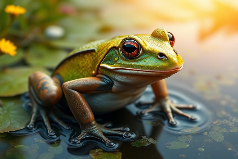 Create a full-length photorealistic image of a frog that incorporates the musculature and silhouette of a horsefly while retaining its head intact, showcasing its facial features. The frog's skin should display a vibrant, glossy texture, while the body showcases a mix of frog skin and horsefly fur. In the background, blend elements inspired by both the natural habitat of frogs, like a lush pond, and the environment typical for horseflies, such as sunlit meadows. The scene should unify these two diverse ecosystems, creating a harmonious yet intriguing setting.