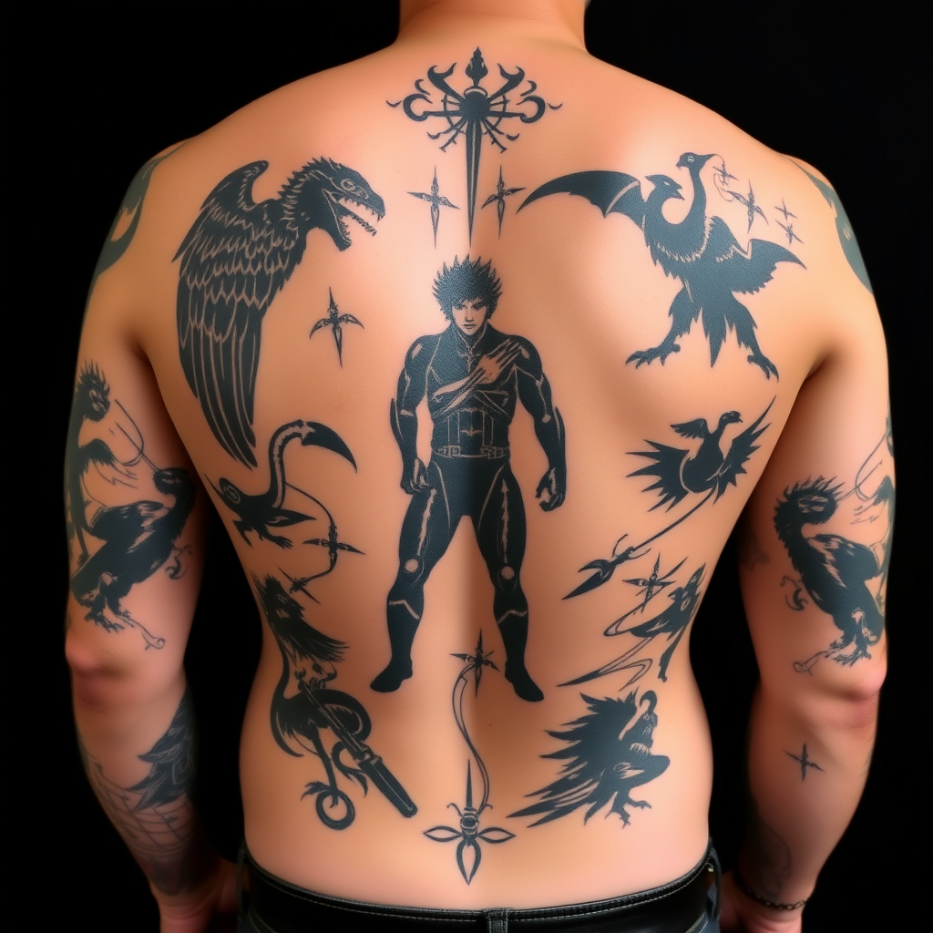 stencil template of all the tattoos designed by Tom Berg and created by Tinsley Transfer all put together in the final full back tattoo for Micheal Scofield