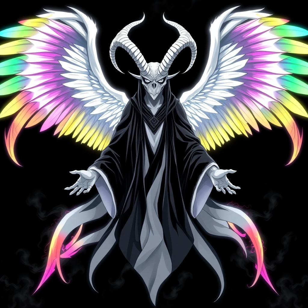 In an anime-styled artwork set against a deep black background, a towering humanoid figure reminiscent of a tall, white eerie-malevolent angelic reptilian goat-owl-bull god commands attention, he is Yaldabaoth the Demiurge. Its striking black-white eyes shimmer with an ethereal light, framed by two majestic white goat horns that curve elegantly from its head, his whole face is covered-by a bright white-shining light. Draped in flowing black and white robes that ripple like smoke, the figure exudes an air of mystique and power. Surrounding its form is a chaotic, radiant aura that shifts through the colors of the rainbow, creating a mesmerizing spectacle.

Three magnificent angelic wings, each a vibrant blend of rainbow hues, unfurl gracefully from its back, their feathers shimmering with an otherworldly glow. With hands outstretched as if inviting connection, the figure floats serenely in the void, its gaze locking onto the viewer with an intense, otherworldly presence that captivates and wrath.