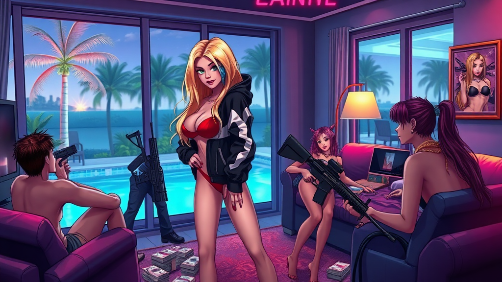 Background of a neon-lit gang-living room in Miami Florida, Anime, a sexy seductive long-blond hair, green-eyes with makeup eyelashes, wearing a black-white-dark swagger hoodie under a red-bikini and red-gstring thong, red-nails, holding glock-gun in left-hand, bags of cash on floor stolen, blue bandanna over covering mouth, standing up, next to her is a sexy-short red haired asian girl holding a ak-47 rifle and wearing a black-bra, sitting down is a white-bad boy teenager with purple-dreadlocks, latino-boy with brown-fohawk hair wearing golden jewelry and sipping on lean, outside the window is pool with palm trees and near the pool is 1 girl backside PAWG holding a flare gun.