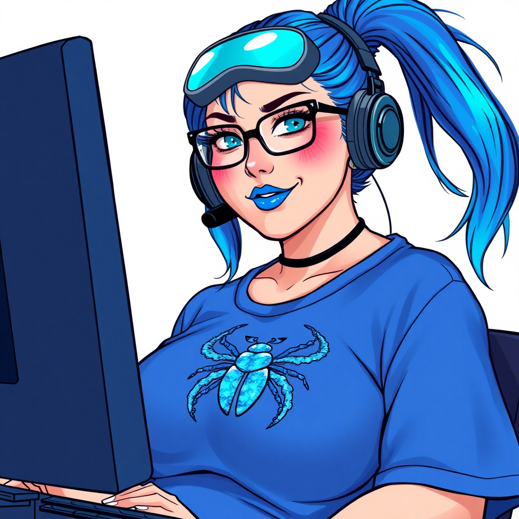 A cyberpunk vigilante’s full-figured intelligent and tech-savvy 28-year-old girlfriend, who is a computer hacker and tech genius. She has a long maximum blue ponytail. She wears maximum blue lipstick, bright blue eyes, a sapphire beetle gemstone necklace, sapphire earrings, black eyeglasses, and an oversized maximum blue t-shirt featuring a blue sapphire gemstone crusted scarab beetle chest icon. She has a full-figured physique with a prominent, massive, round belly, reflecting her well-cared-for lifestyle. She sports a sapphire headset with a hi-tech maximum turquoise lensed HUD, and a shy smile with a neon red blush. She serves as his tech expert from his hideout, diligently working at her lab table computer desk. The background is solid white. She is drawn as if she was in a retro 2D cyberpunk fighting game. Ensure her maximum blue t-shirt covers her belly.