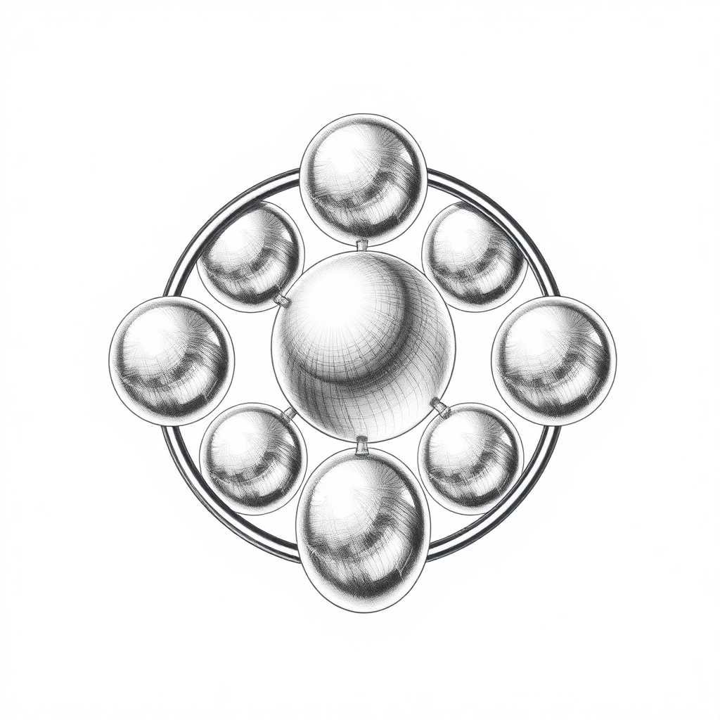 Five connected spheres of mercury in a ring in between two other spheres, spinning top, fidget spinner, toy, small spheres, isometric, symmetric, pencil drawing, impossible, black and white