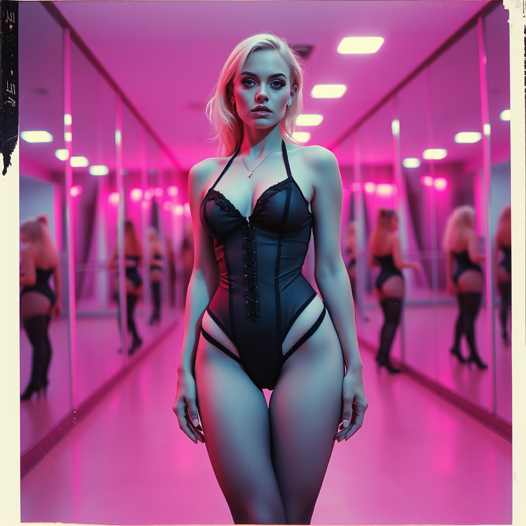 old polaroid photo with heavy vignetting and pink and blue artistic studio lighting color tint and light leak, depicting a sexy curvy thicc pale white alt goth woman with eye makeup, wearing a tiny revealing black see thru bikini gstring thong, corset, stockings, with a small outline of her labia and nipples visible, standing in a dance studio made entirely of mirrors