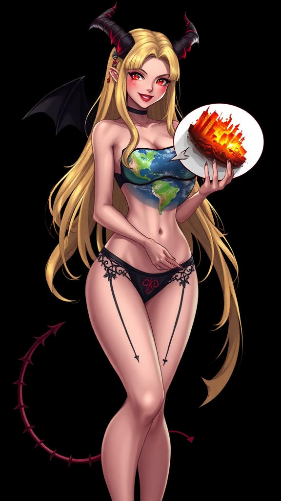 Anime, Black background, A mischievous tall-slender demon girl, 29 years old, perfect, red lips, long blond hair, wearing sexy micro bikini bra-like clothing, g-string, Womb tattoo on belly, mischievous smile, large breasts, full body, long legs, looking at viewer, speech bubble with a burning city, holding the earth.