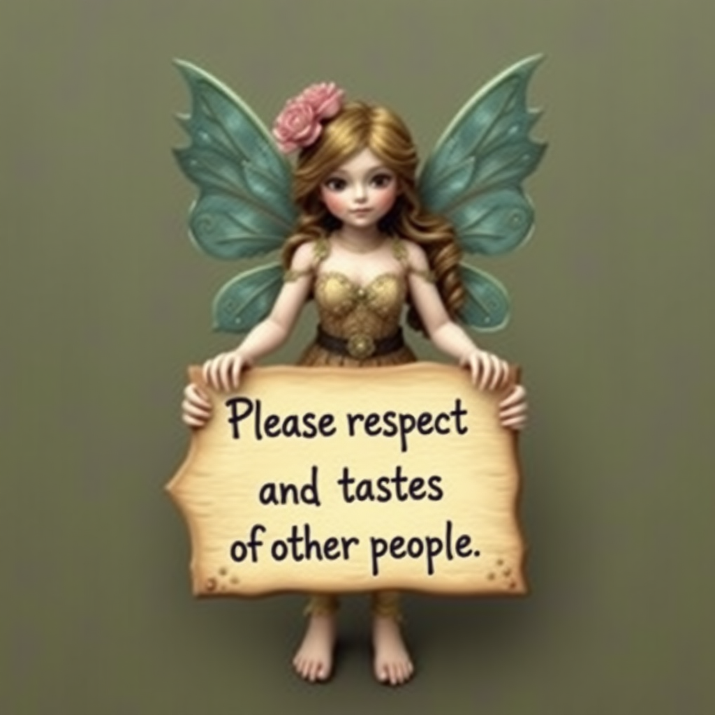 A fairy holds a sign "Please respect fantasies and tastes of other people"