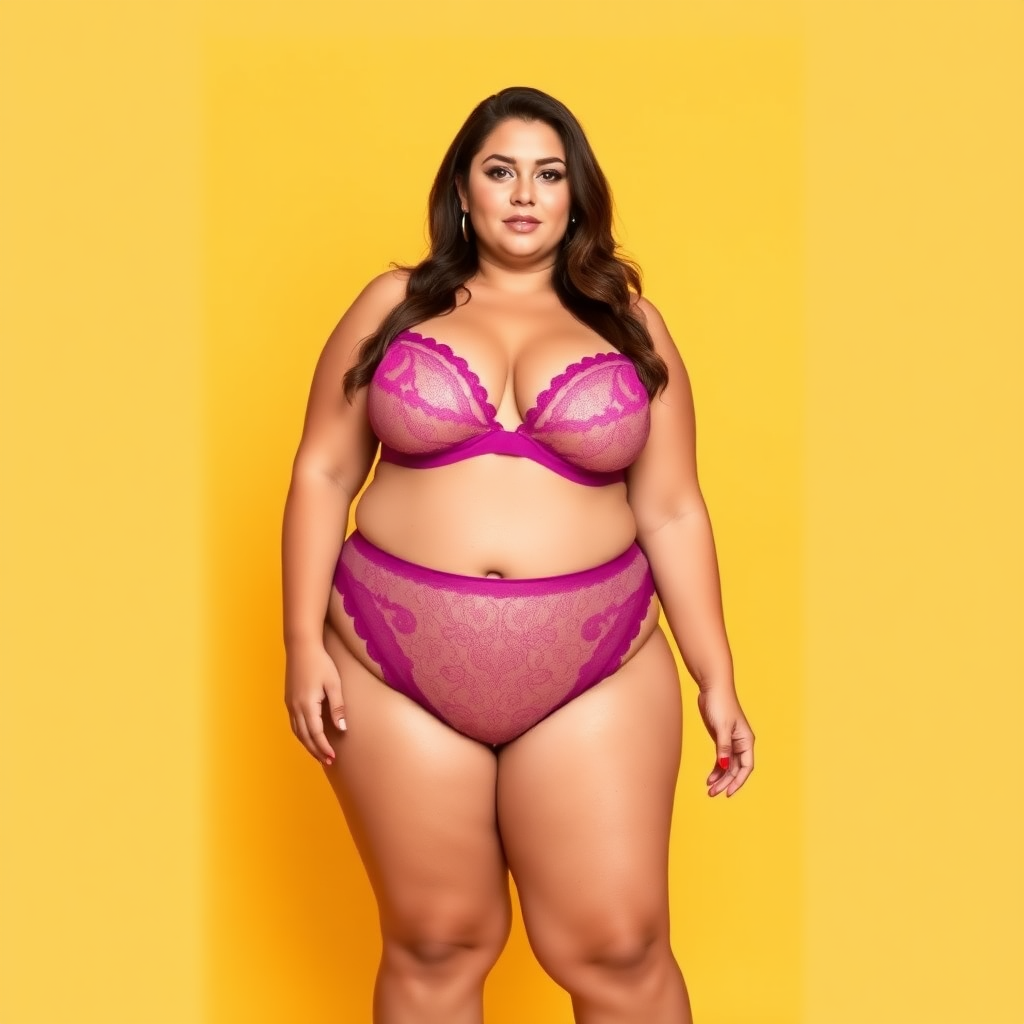 Positive Prompts: A lingerie advert featuring a plus size model. She should be shown full height. She is wearing a matching set of lingerie. The image should be on a simple brightly coloured backdrop. Negative Prompts: Text