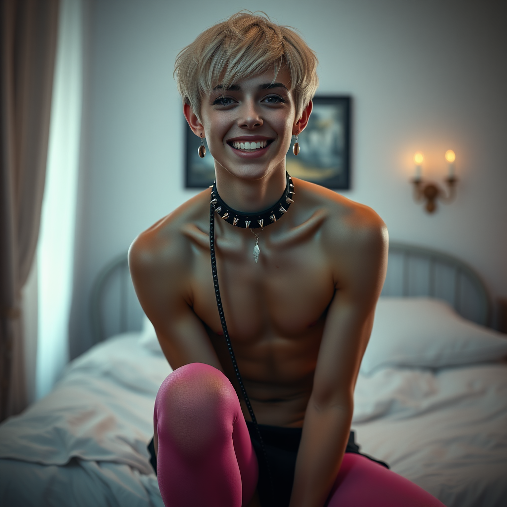 photorealistic, ultra high resolution, 16K, surreal fantasy, studio lighting, a pretty 14 year old goth male, slim male physique, short blonde hair, goth makeup, earrings, glossy pink pantyhose, white ballet shoes, spikey neck collar and leash, in the bedroom, excited smile, facing the camera.