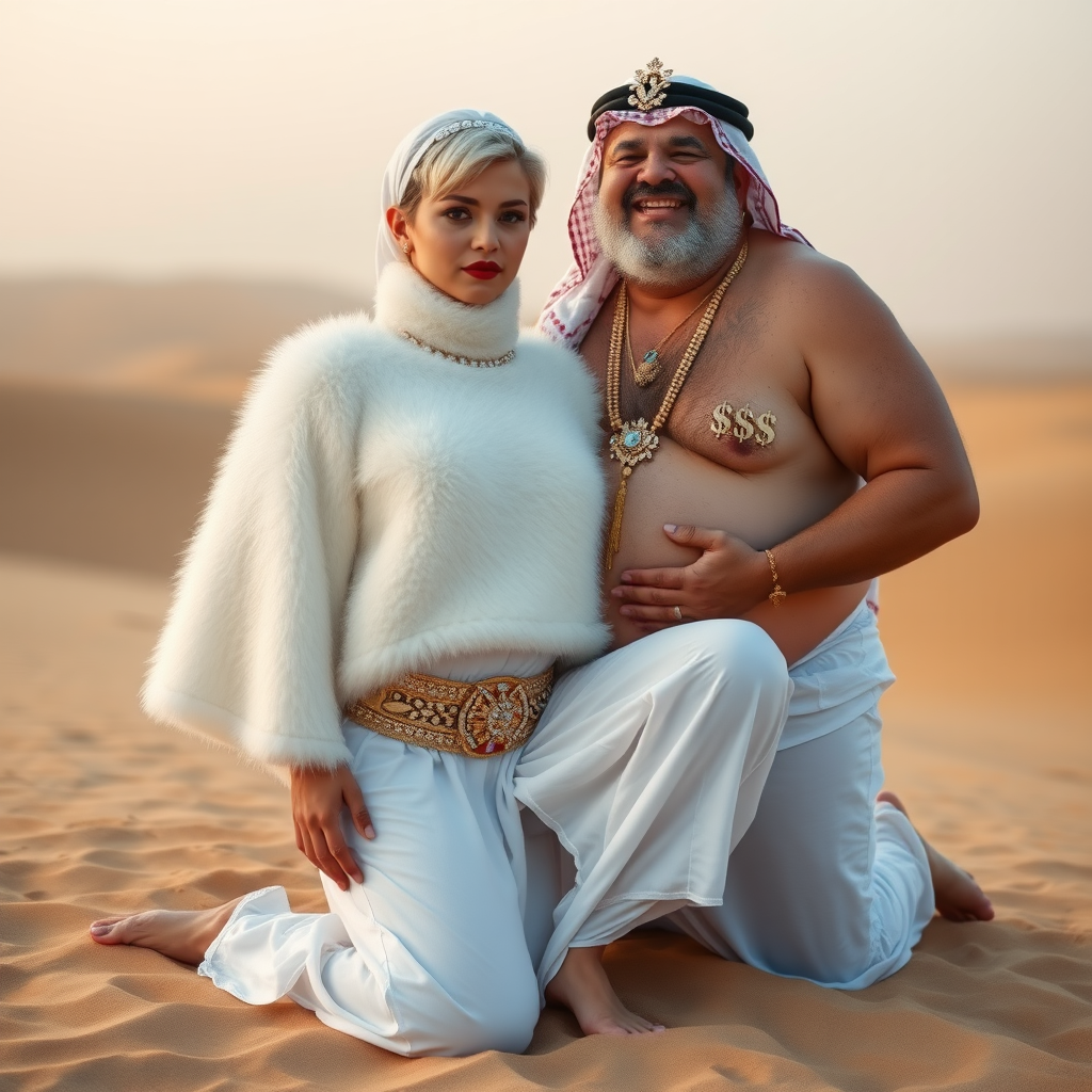 Kuwait desert dunes misty dawn: Melissa, European 17 years old very convincing femboy “trophy-bimbo”, tamed servile docile, very beautiful feminine flawless face, rather short boyish figure, platinum blond short tight curls, bold red lips, heavily made-up face, wearing Supertanya-style fluffy very fuzzy bright white angora turtleneck-poncho cropped ending under bust decorated with pearls and gemstones, striking oriental wide gold bridal protection belt, white fully transparent harem pants, full Oriental bridal jewelry with striking headpiece, full Oriental face-jewelry, striking diamond “$$$” letter brooch on left chest, pout frustrated, hands tied behind back, kneeling in sand with older overweight mighty sheik laughing, devotedly embracing Melissa..