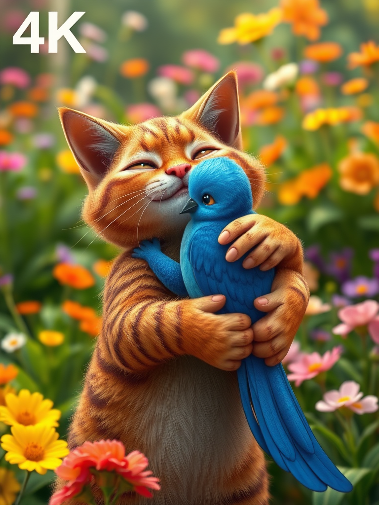 A realistic 4K scene of a Brown Cat and a Blue Bird embracing each other in a warm hug. Their expressions are filled with joy and affection, set against a vibrant garden filled with colorful flowers and lush greenery. The moment captures the essence of friendship and companionship between the two characters.