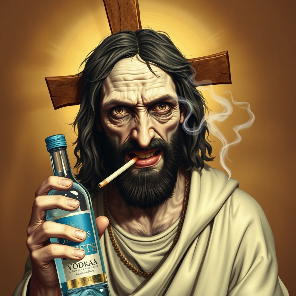 Drunk deformed face Jesus Christ, with a bottle of vodka in one hand and a smoking cigarette in mouth.