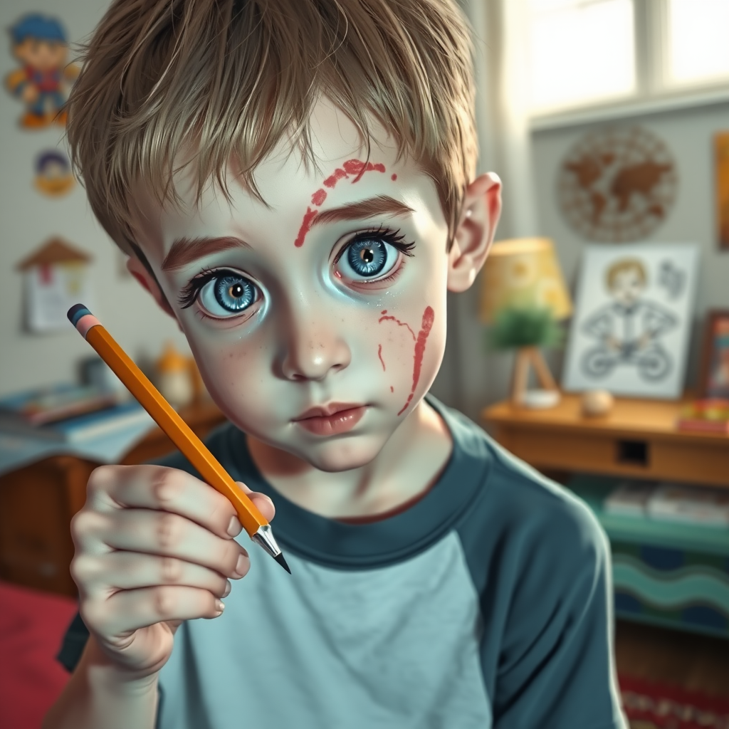 A 12 year old boy with short hair, big blue eyes and a scar in his face. He is holding a pencil in his hand and he is about to draw a drawing on his room. The drawing is this image