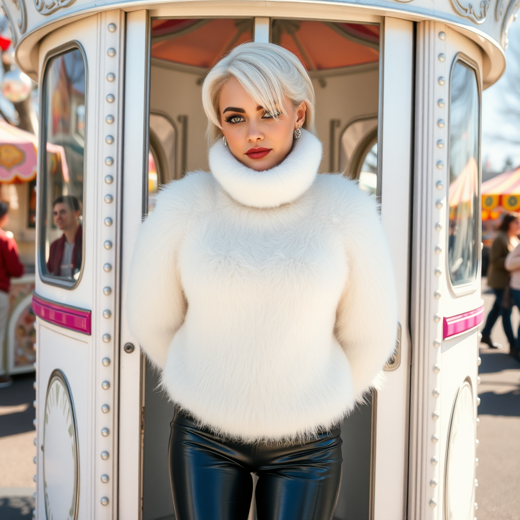 Amusement park “kissing booth,” sunny spring Sunday morning. Sam, 19 years old beautiful involuntary femboy, rebellious intractable character, petite boyish figure, platinum blond boyish rebel punk hairstyle, flawless heavily made-up face with sharp arched tattooed eyebrows, wearing Supertanya-style fluffy very fuzzy bright white angora thigh-length turtleneck-poncho fully covering body and arms, silver-glitter leggings, black leather high-heeled pumps, silver earrings, both hands tied to pole behind back, standing inside kissing booth, waiting for next customer to kiss. Focus on Sam’s face and turtleneck-poncho.