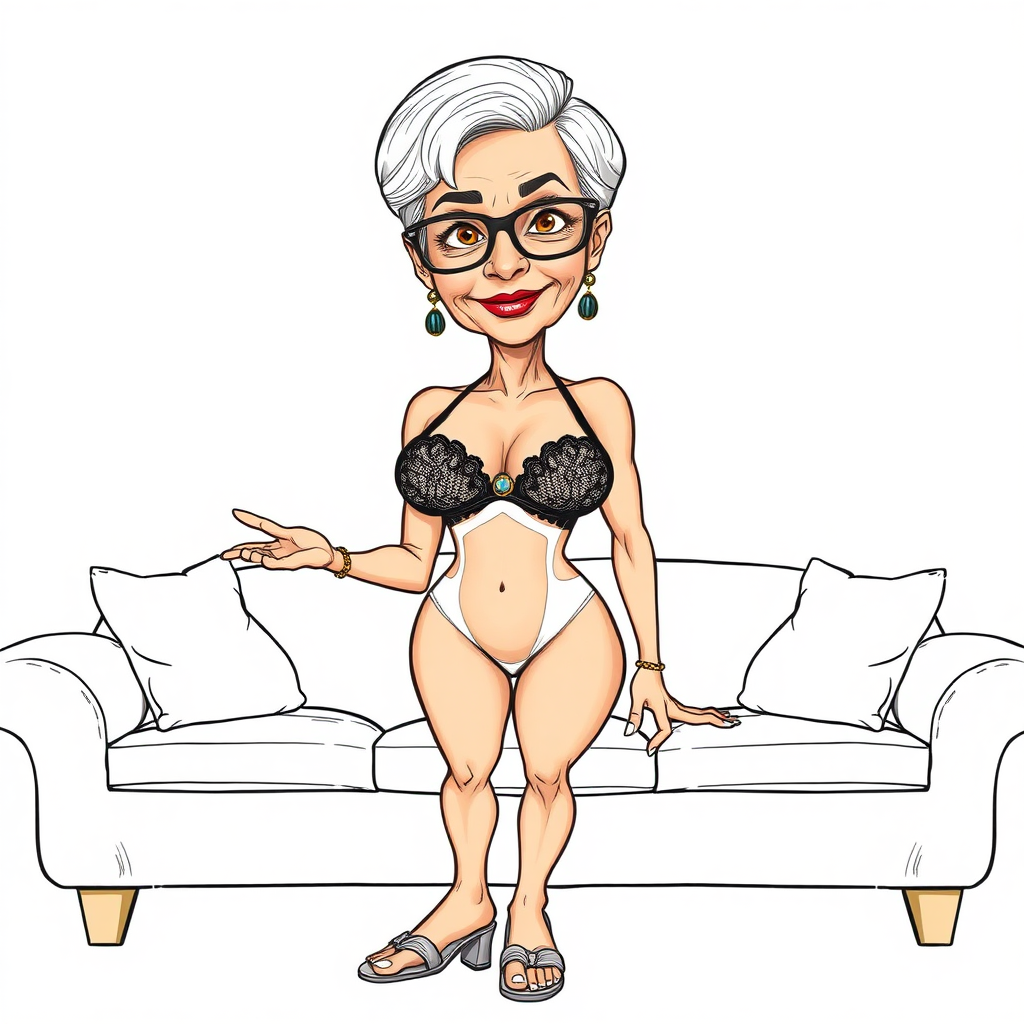 a towering 55 Years old, fit, slim, European, Latina, sharp aquiline nose, wrinkles, high cheekbones, Middle Eastern, Skinny, Tanned skin, Dark light skin, Rounded Medium breasts, Skinny thighs, full Makeup, jewelry, Serious face, Sharp nose, Ash hair, short bowl haircut, Brown eye color, Glasses, with detailed features. she is wearing embroidered black mesh balconette bras and a tight white high cut 1980s mesh cut out swimsuit, detailed fabric.  full body, high heels sandals, she is hand gesturing at the viewer to join her on a couch, sweating, 
long establishing shot, 2D, caricature, cartoon, Sketch lines, coloring book, coloring book style on white background, well composed, clean coloring book page, No dither, no gradient, strong outline, No fill, No solids, vector illustration, realistic proportions