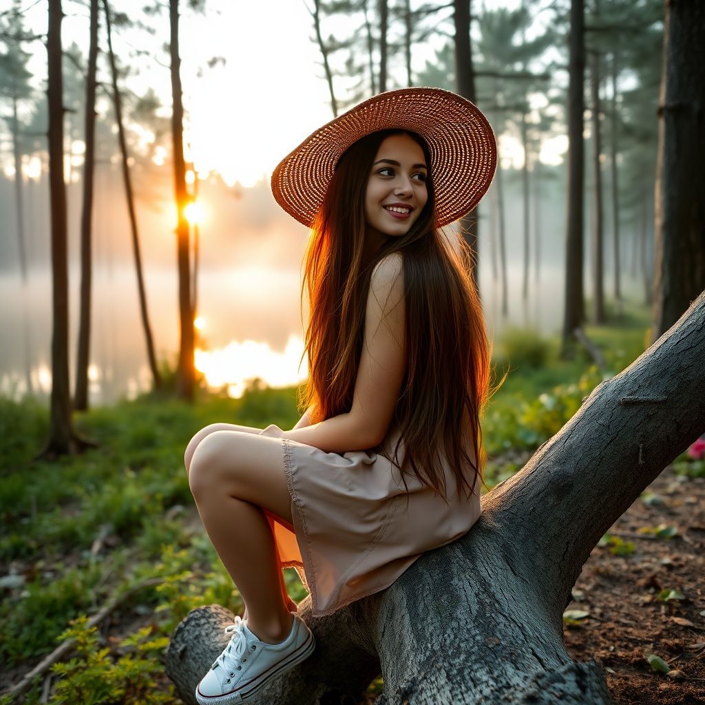 a young woman sitting on a strunk next to a lake in a forrest. long brunette hair. she is wearing a dress, sneakers and a wide straw hat. looking to the side, enjoying the sight with a smile. the sinking sun is falling through the trees. a little fog is rising from the lake. light like in fairy tale, a bit mystic. photo