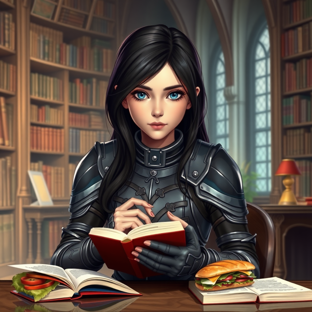 beautiful young woman, dark hair past her shoulders, blue eyes, small, slim figure, wearing full leather armor suit, sitting at table with sandwich, reading a book in a great library.