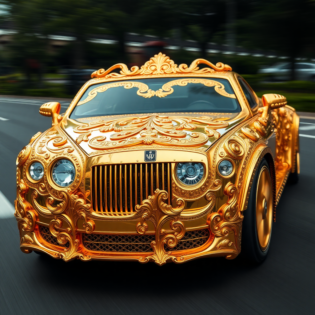 A luxurious, gold-plated car adorned with intricate, ornate designs and carvings. The vehicle features prominent headlights and a distinctive front grille, showcasing a fusion of elegance and extravagance. road motion blur