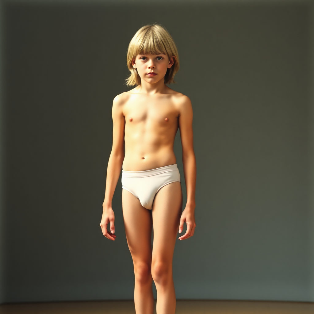 A skinny 14yo teen boy, long hair bowl cut, wearing ballet belt, long legs, narrow thighs. full-length view. 1970s. photorealistic, ultra high resolution, 16K, Negative: grainy, blurry, bad anatomy, extra limbs, watermark.