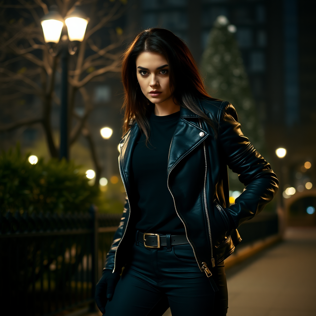 A beautiful brunette badass female burglar in black leather jacket over black t-shirt with black pants and gloves in Manhattan park at night.