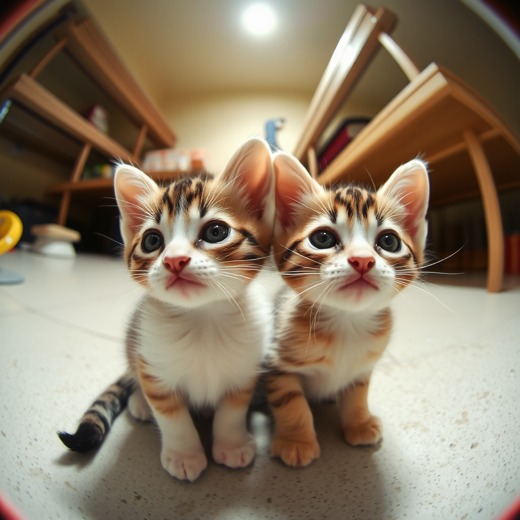 Under the fisheye lens, two cute little kittens, adorable.