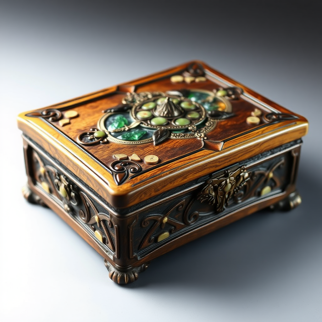 Decorative fantasy genre wooden box with stone inlay