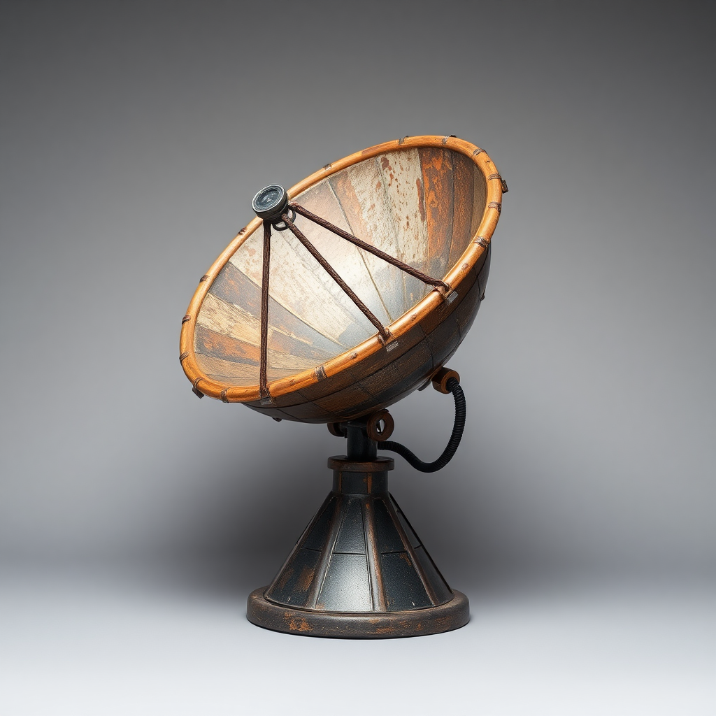 a small rustic vintage futuristic satellite dish on a stand