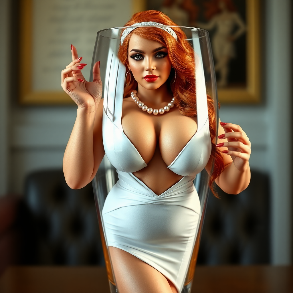 masterpiece, plump body, a very beautiful 22 year old woman from Finland, the woman's name is zegort, hyper realistic, realistic face, detailed face, big breasts and hips, headband and white low-cut little dress, and wears a pearl necklace, stiletto heels, wavy red hair, Woman, standing in a large glass cup. Wonderful, magnificent, beautiful. Perfect hands, high detailed face, detailed skin, perfect eyes, eyeliner, big eyelashes, modern style, sexy, spicy look, front view, glitter